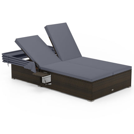 Patio Double Chaise Lounge with Shade Cushions and Folding Side Trays-Gray