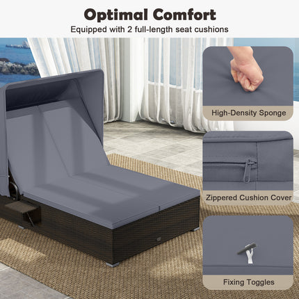Patio Double Chaise Lounge with Shade Cushions and Folding Side Trays-Gray