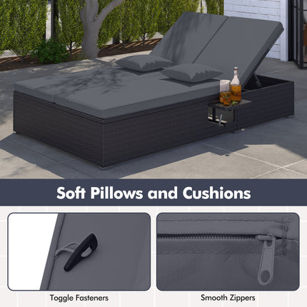 Patio Double Chaise Lounge with Cushions and Folding Side Trays-Gray