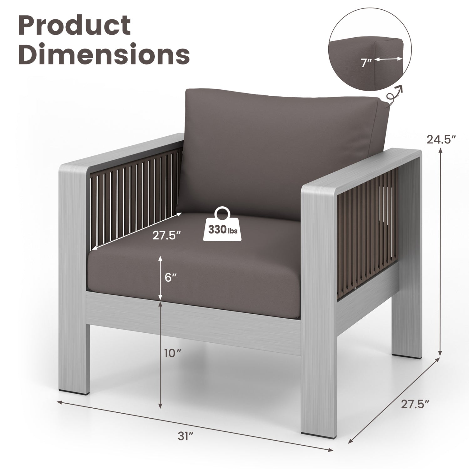 Fauteuil d'extérieur en aluminium avec coussins épais pour le dossier et l'assise