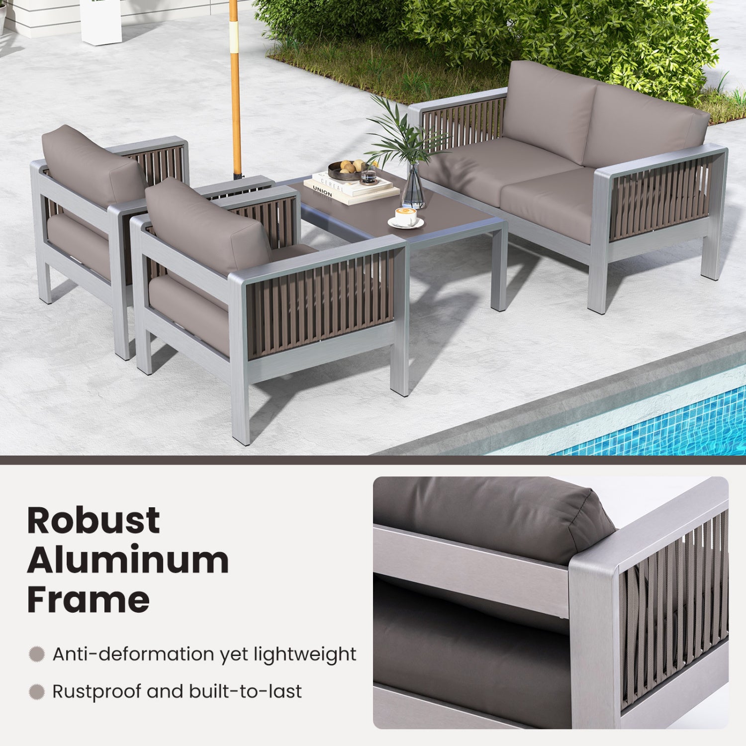Fauteuil d'extérieur en aluminium avec coussins épais pour le dossier et l'assise