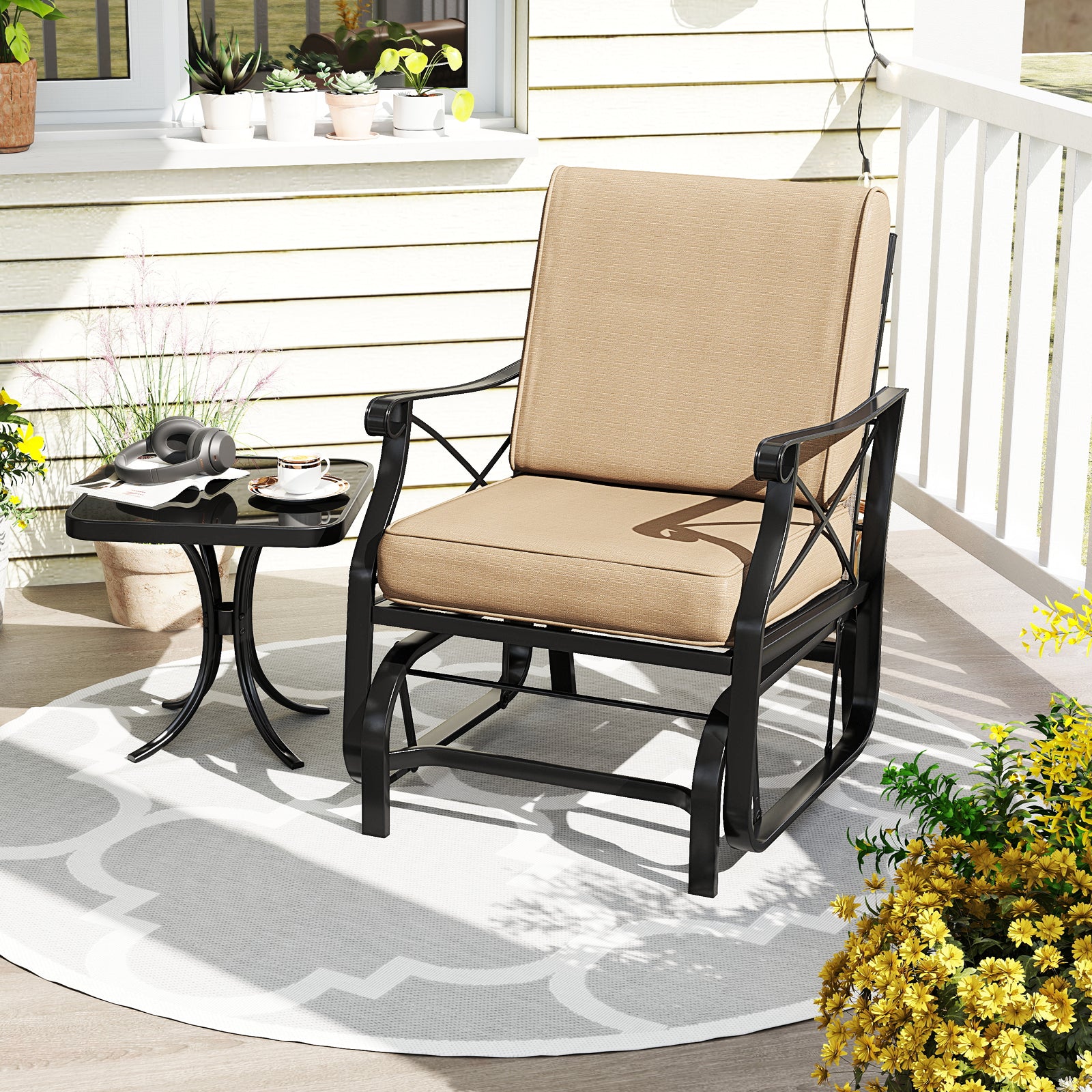 Fauteuil à bascule de jardin avec cadre en métal et coussins épais - Marron