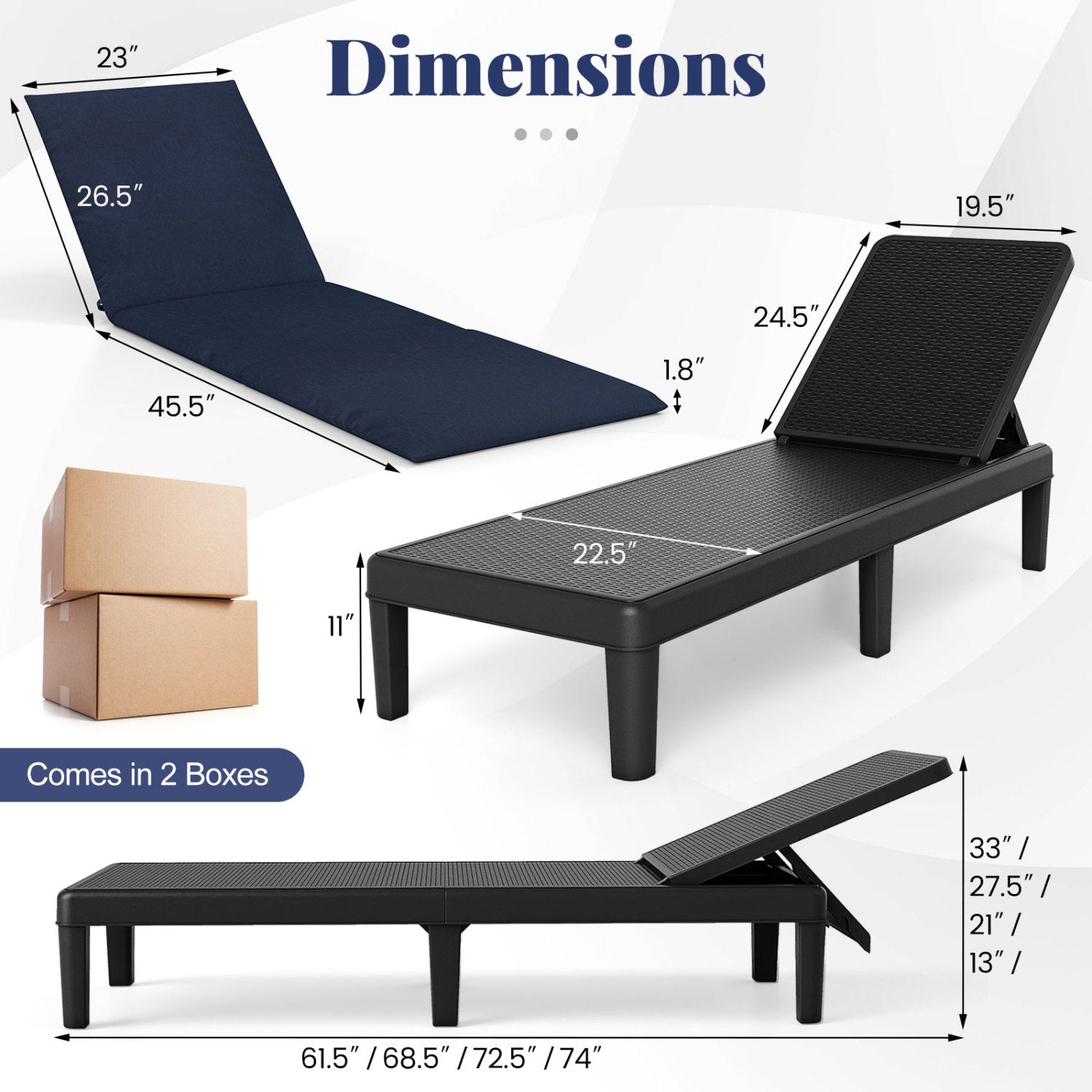 Chaise longue de patio avec dossier réglable à 3 positions et coussin – Bleu