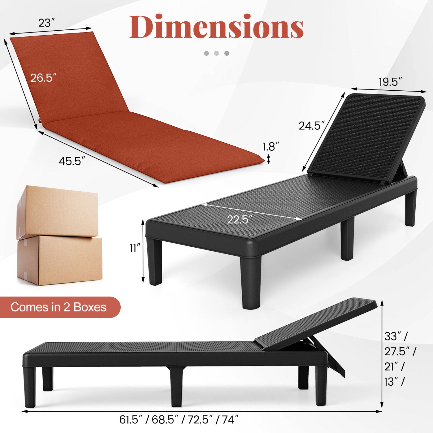 Chaise longue de patio avec dossier réglable à 3 positions et coussin – orange