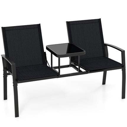 Patio Loveseat with Built-in Table with Breathable Fabric Back-Black