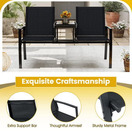 Patio Loveseat with Built-in Table with Breathable Fabric Back-Black