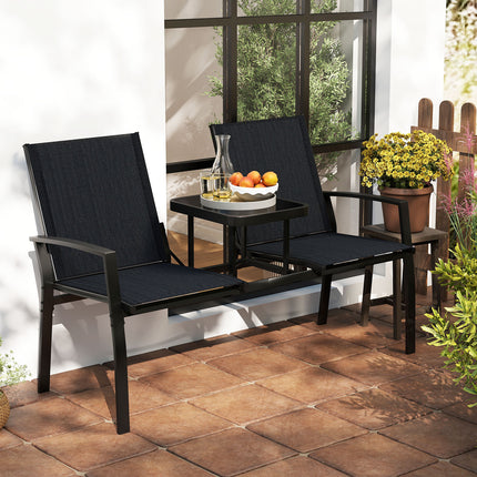 Patio Loveseat with Built-in Table with Breathable Fabric Back-Black