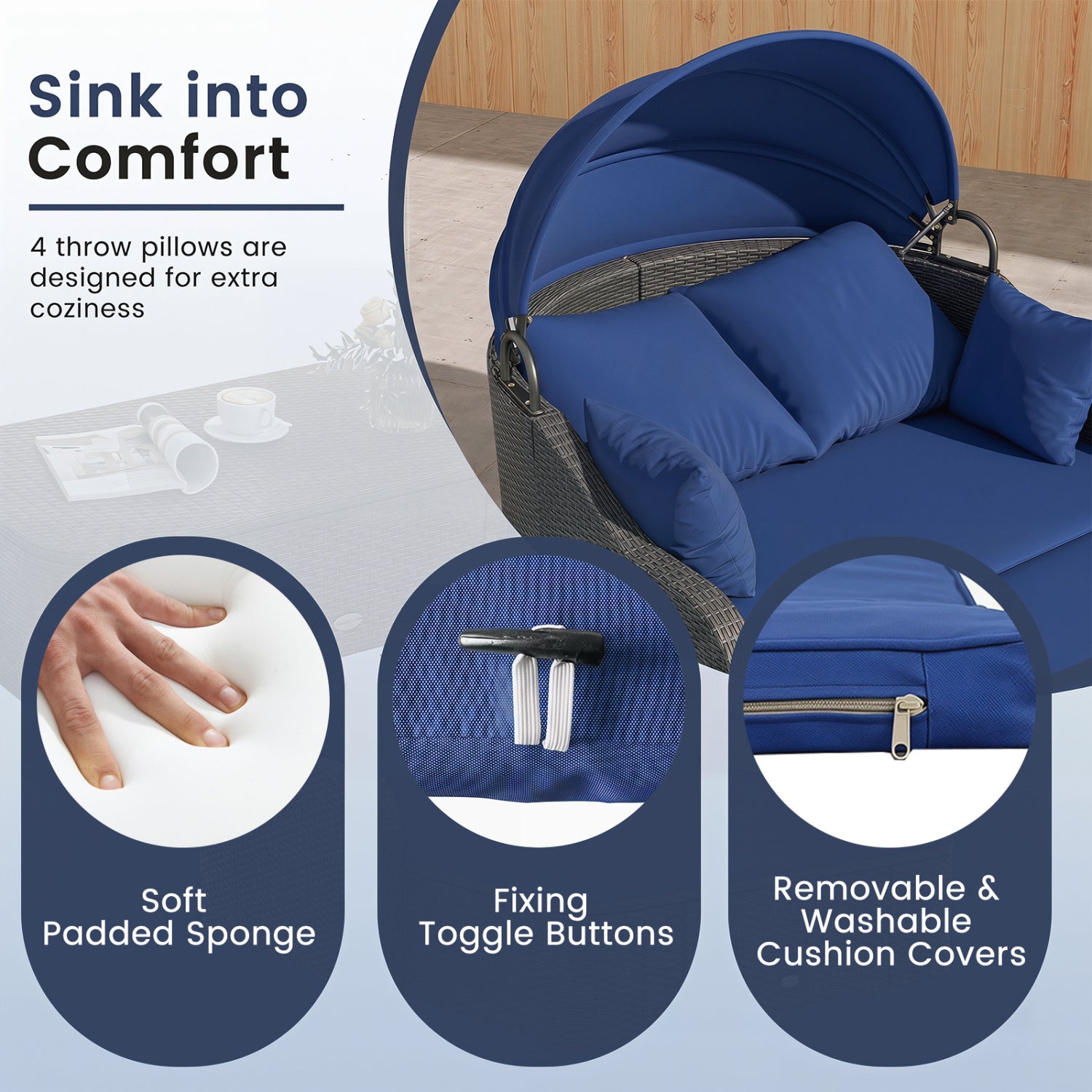 Patio PE Rattan Daybed with Retractable Canopy and Soft Cushions-Navy