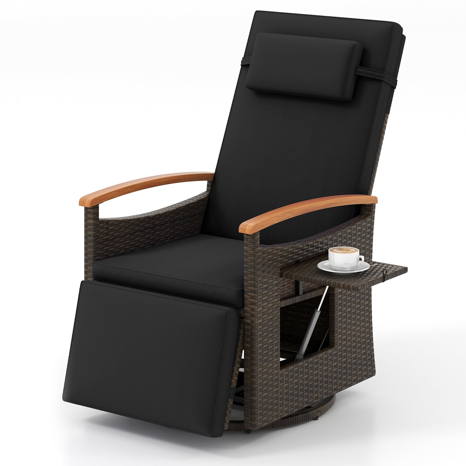 Fauteuil inclinable pivotant à 360° en rotin de patio avec dossier et repose-pieds réglables - Noir
