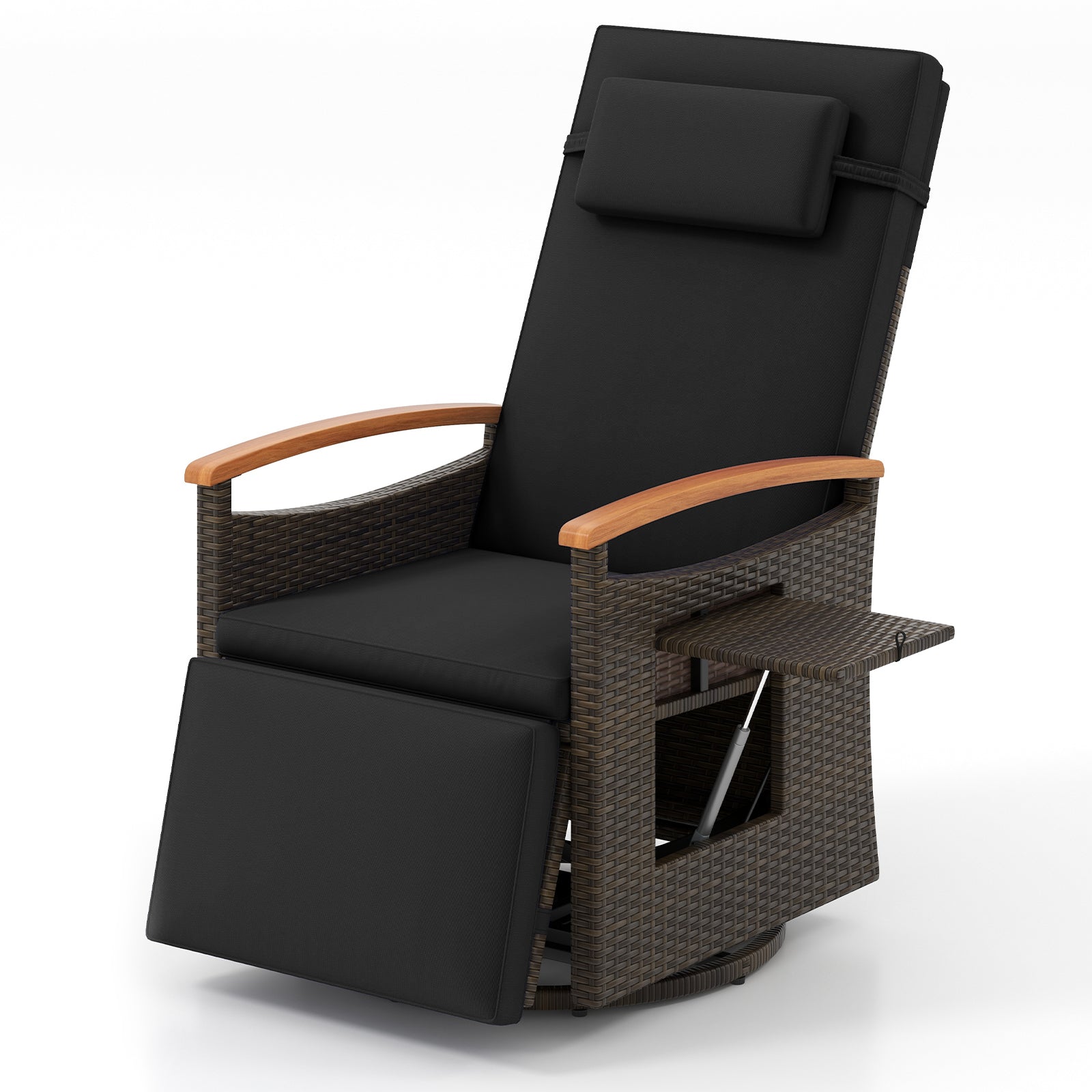 Fauteuil inclinable pivotant à 360° en rotin de patio avec dossier et repose-pieds réglables - Noir