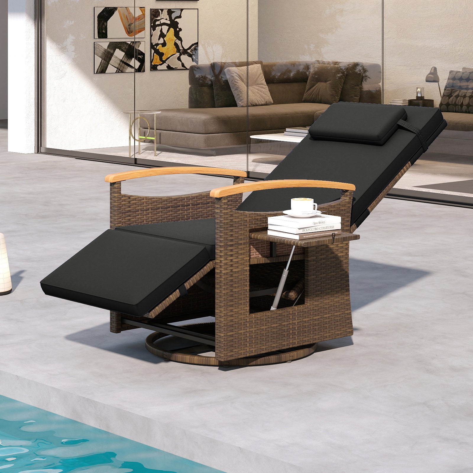 Fauteuil inclinable pivotant à 360° en rotin de patio avec dossier et repose-pieds réglables - Noir