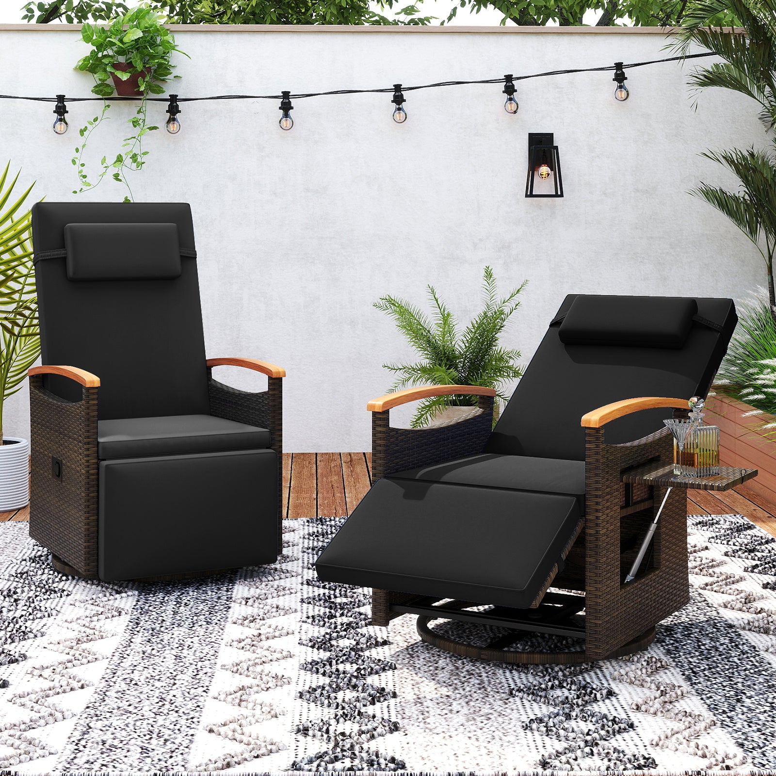 Fauteuil inclinable pivotant à 360° en rotin de patio avec dossier et repose-pieds réglables - Noir