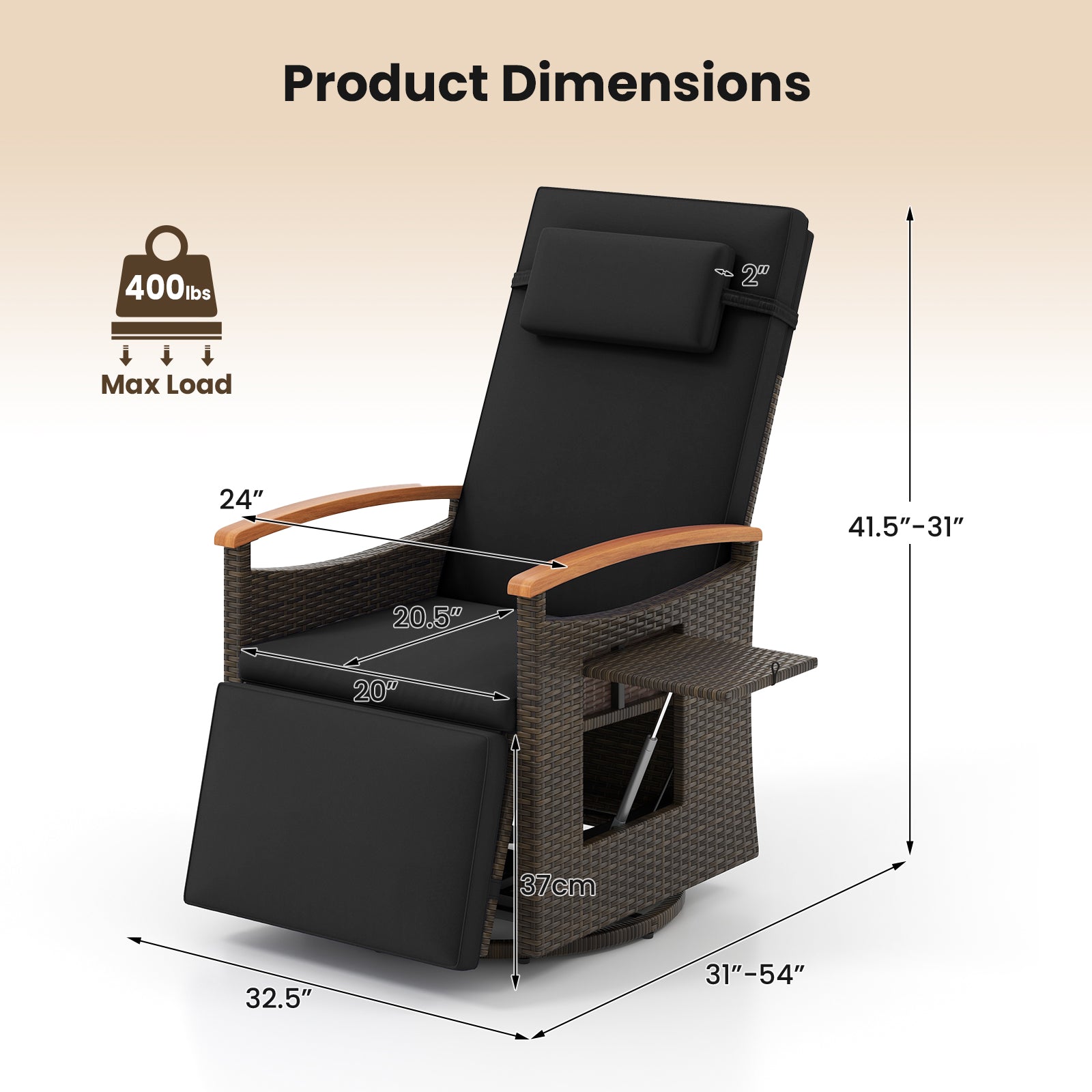 Fauteuil inclinable pivotant à 360° en rotin de patio avec dossier et repose-pieds réglables - Noir