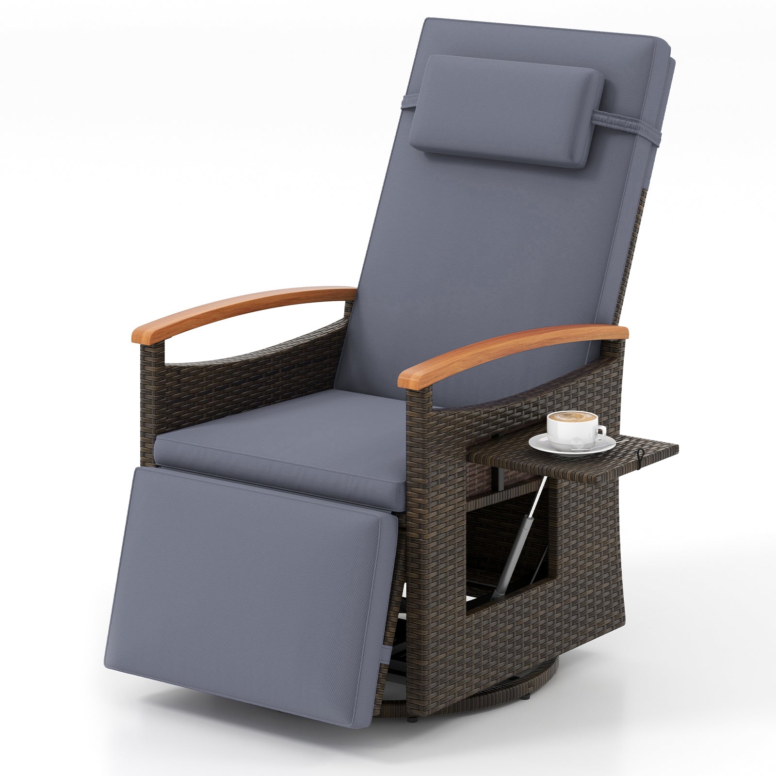 Patio Rattan 360° Swivel Recliner Chair with Adjustable Backrest and Footrest-Gray