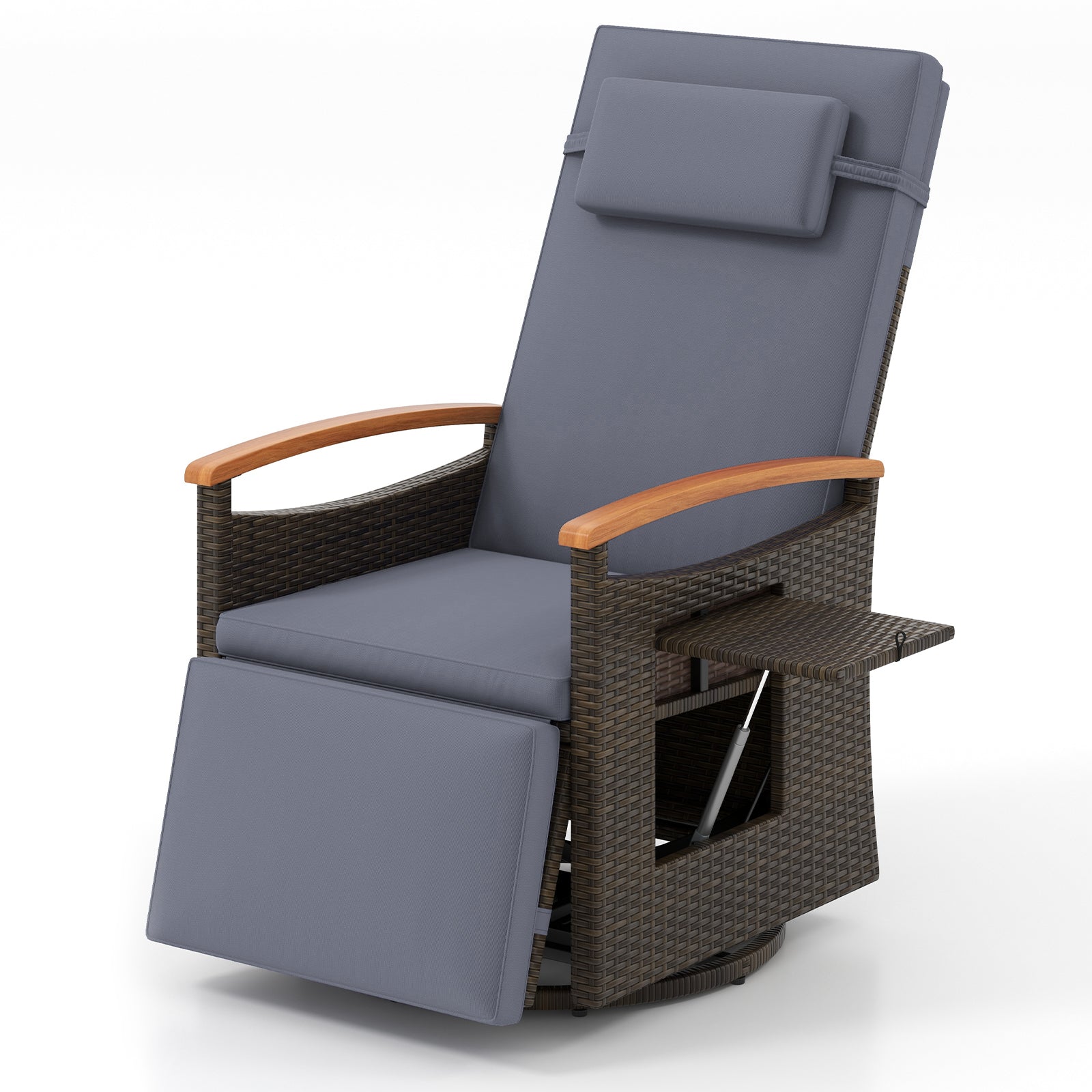 Patio Rattan 360° Swivel Recliner Chair with Adjustable Backrest and Footrest-Gray