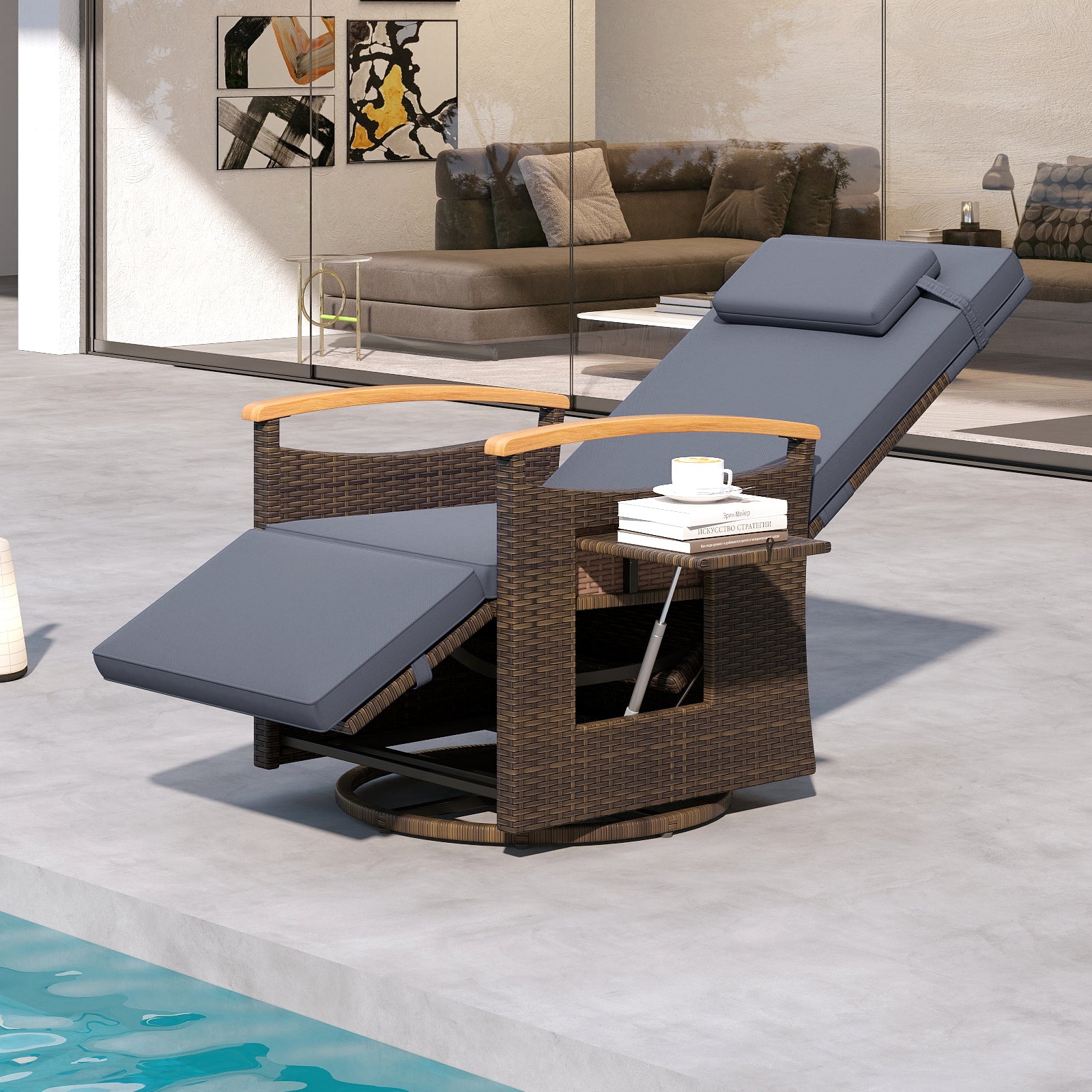 Patio Rattan 360° Swivel Recliner Chair with Adjustable Backrest and Footrest-Gray
