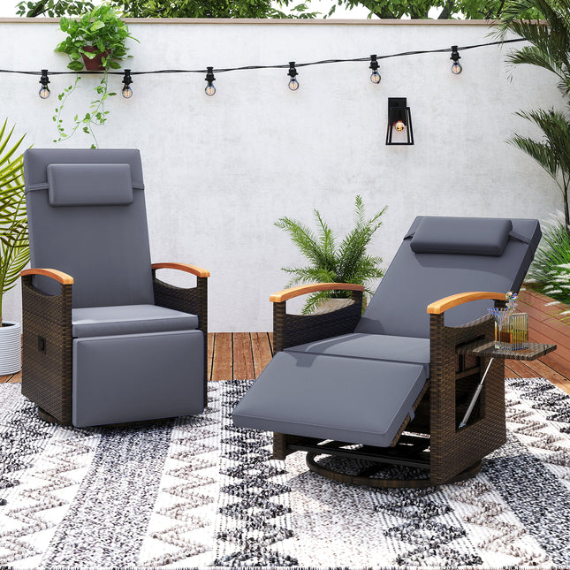 Patio Rattan 360° Swivel Recliner Chair with Adjustable Backrest and Footrest-Gray