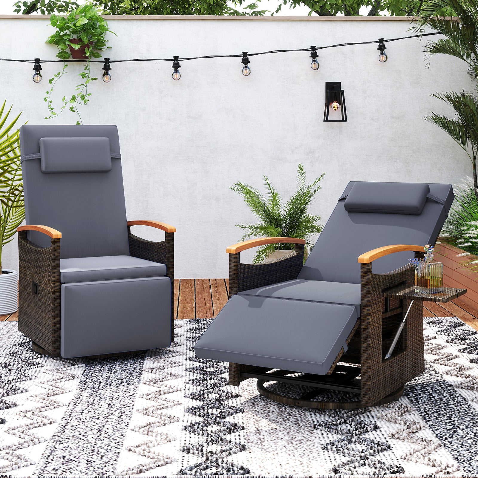 Patio Rattan 360° Swivel Recliner Chair with Adjustable Backrest and Footrest-Gray