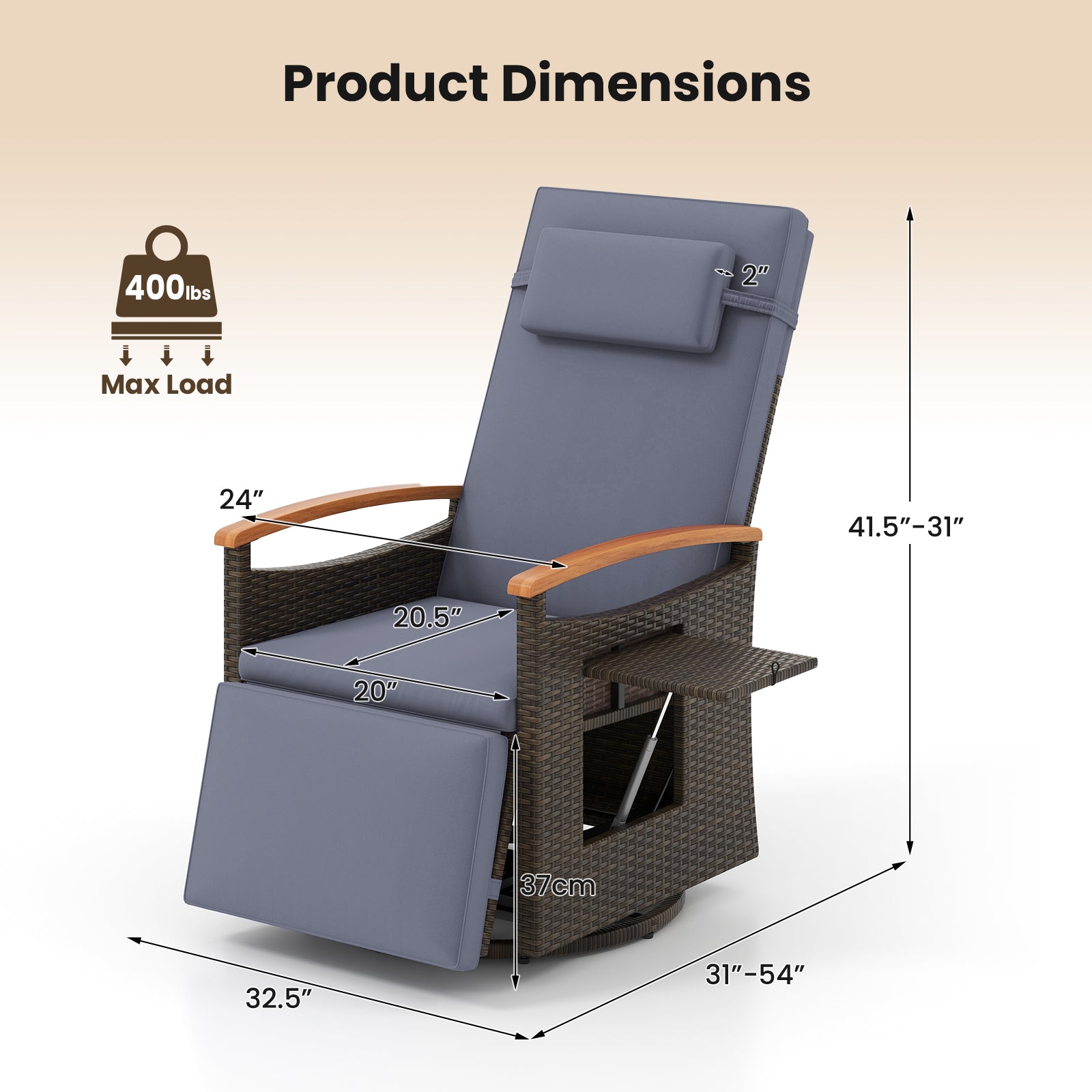 Patio Rattan 360° Swivel Recliner Chair with Adjustable Backrest and Footrest-Gray
