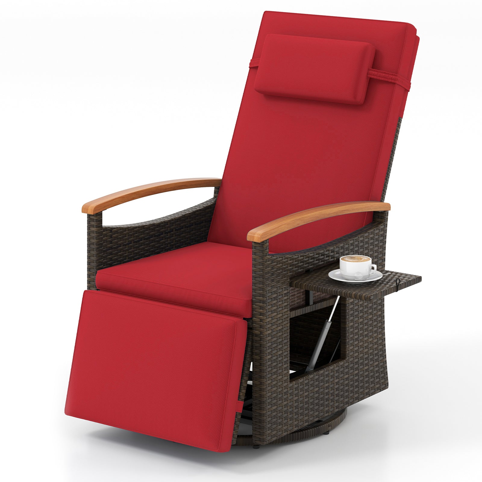 Patio Rattan 360° Swivel Recliner Chair with Adjustable Backrest and Footrest-Red