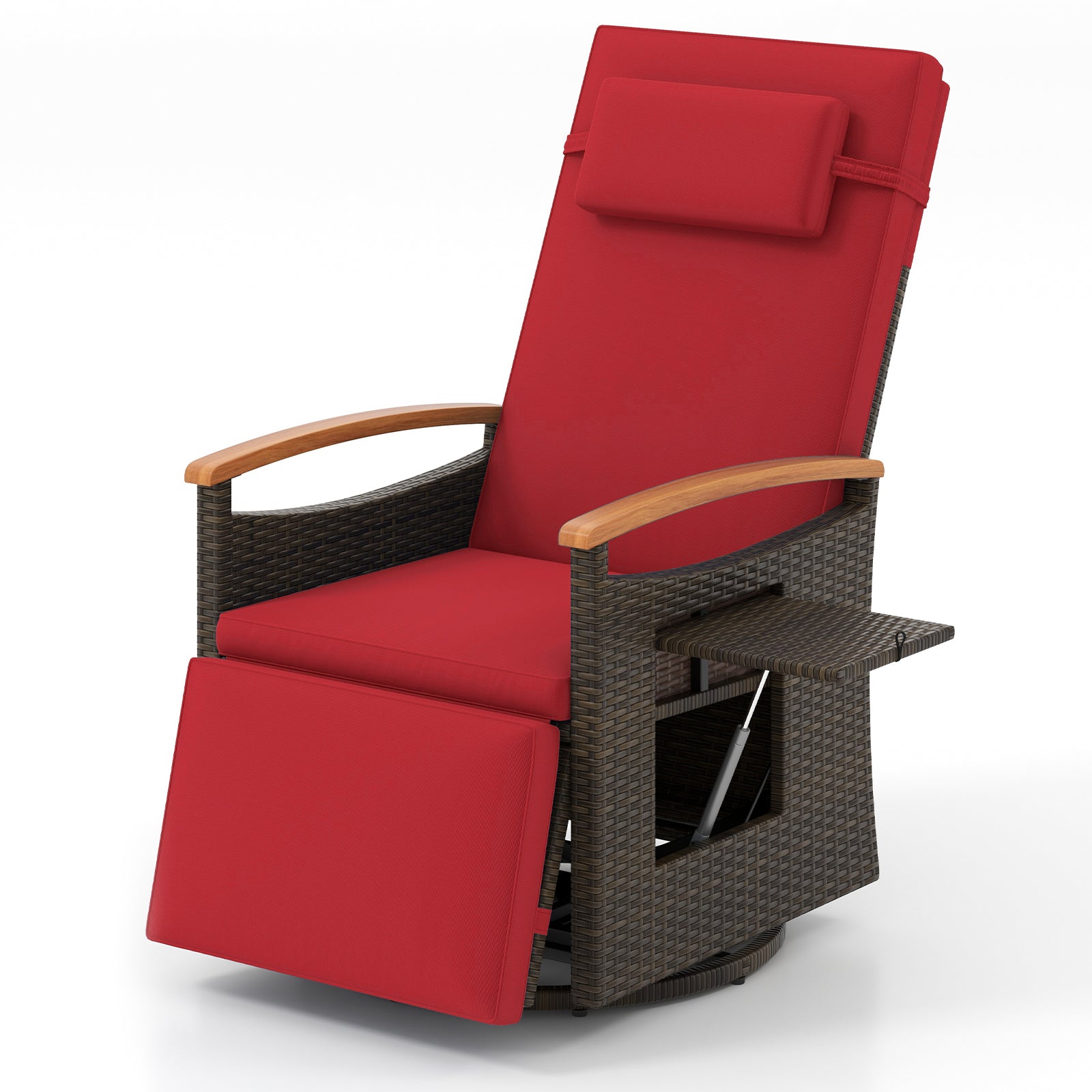 Patio Rattan 360° Swivel Recliner Chair with Adjustable Backrest and Footrest-Red