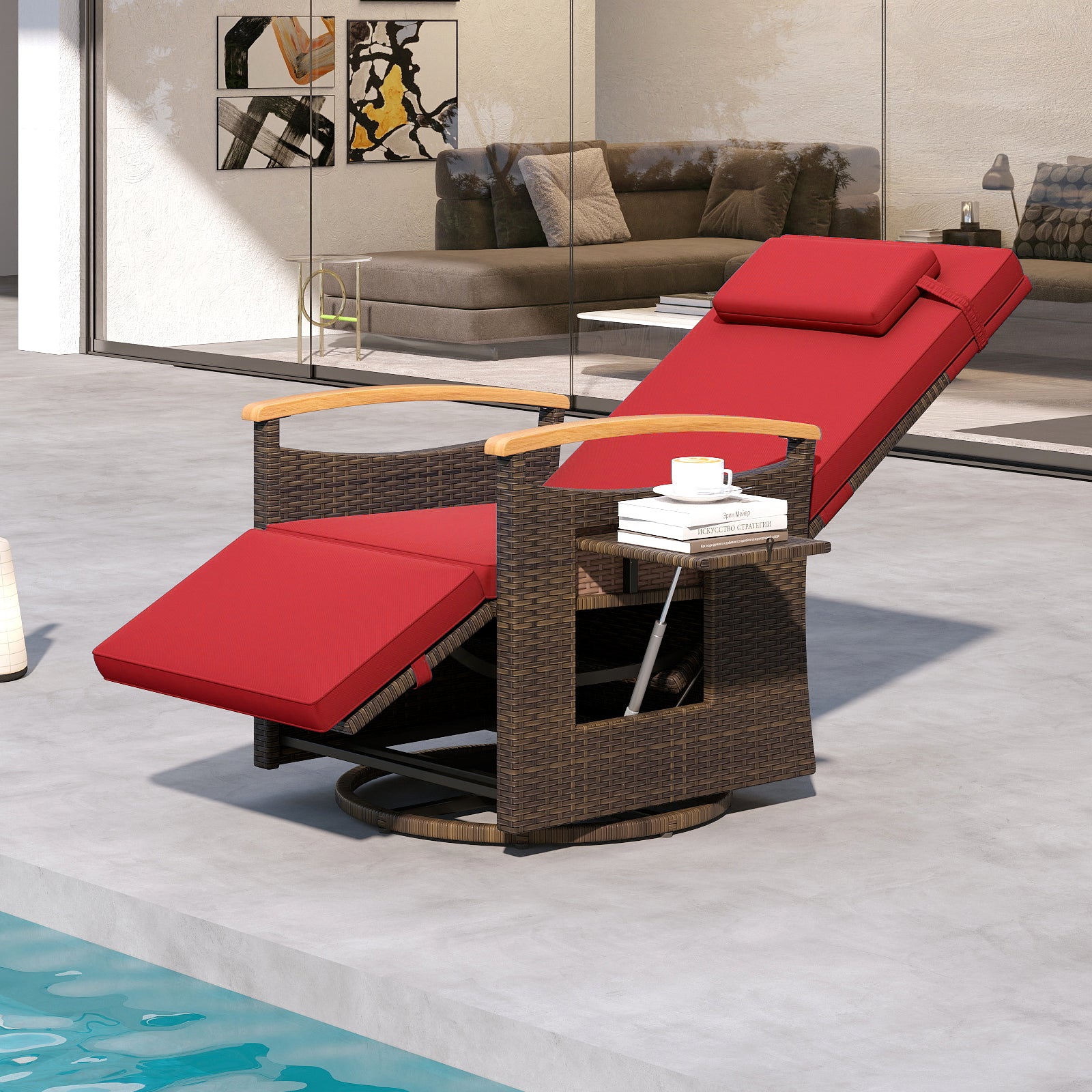 Patio Rattan 360° Swivel Recliner Chair with Adjustable Backrest and Footrest-Red