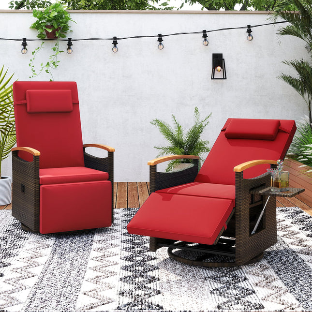 Patio Rattan 360° Swivel Recliner Chair with Adjustable Backrest and Footrest-Red