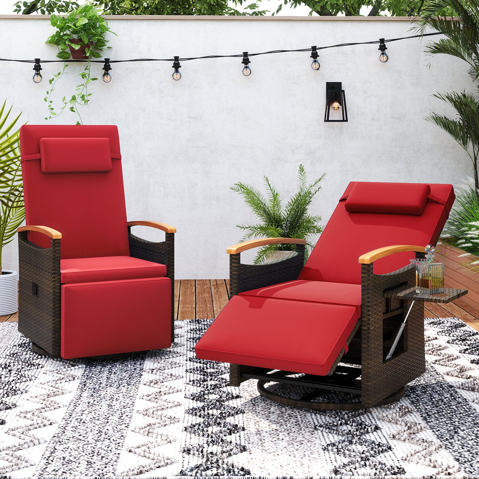 Patio Rattan 360° Swivel Recliner Chair with Adjustable Backrest and Footrest-Red