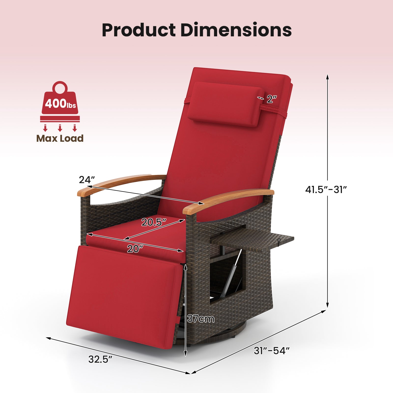 Patio Rattan 360° Swivel Recliner Chair with Adjustable Backrest and Footrest-Red