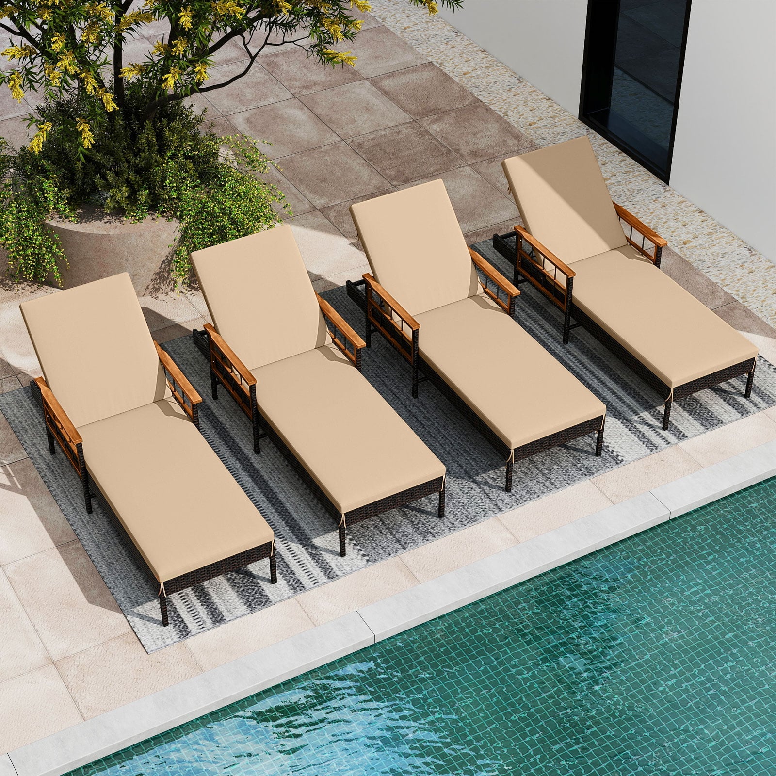 Chaise longue de patio en rotin avec dossier réglable sur 4 niveaux - Beige