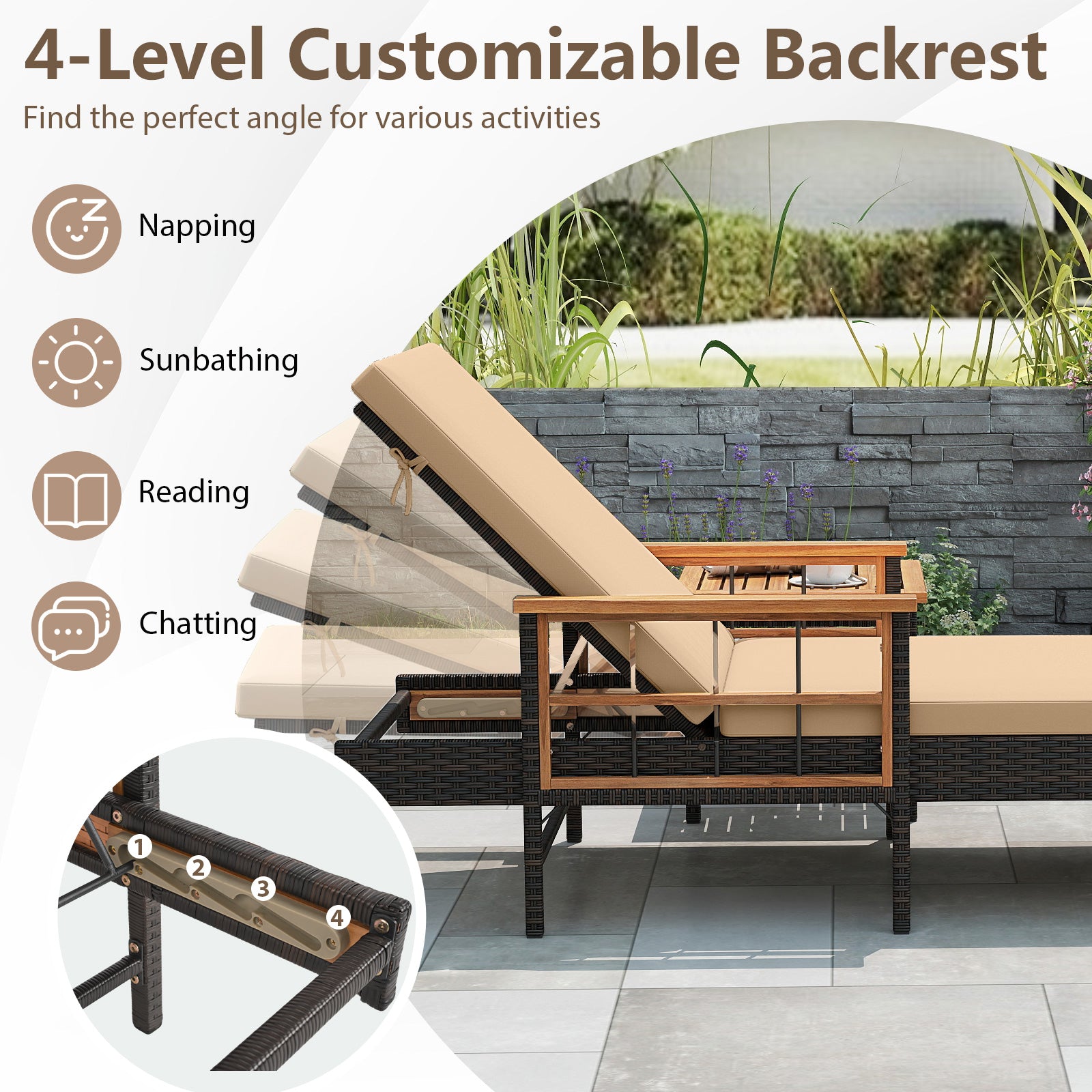 Chaise longue de patio en rotin avec dossier réglable sur 4 niveaux - Beige