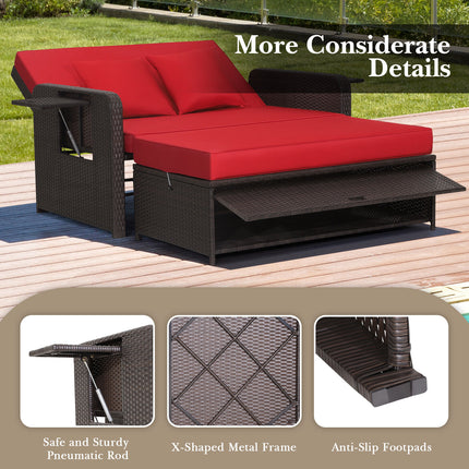 Patio Rattan Daybed with 4-Level Adjustable Backrest and Retractable Side Tray-Red