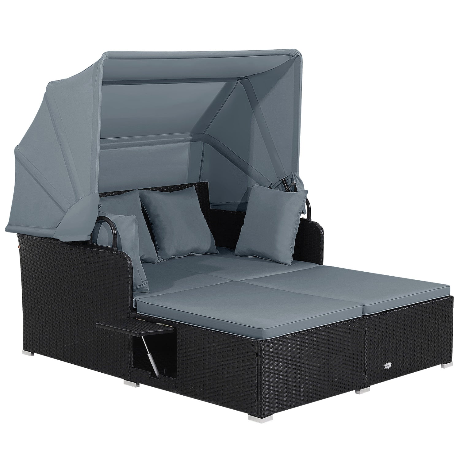 Patio Rattan Daybed with Retractable Canopy and Side Tables-Gray
