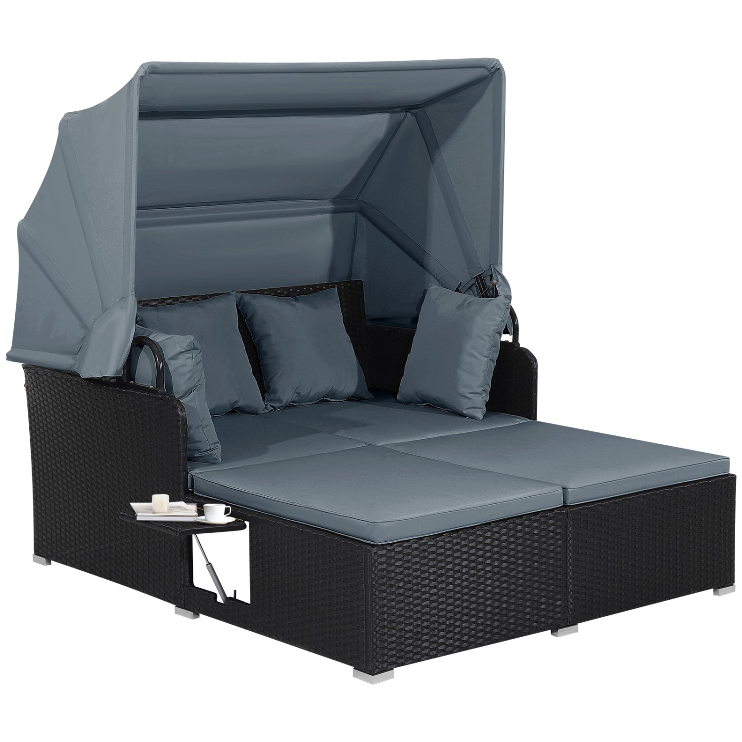 Patio Rattan Daybed with Retractable Canopy and Side Tables-Gray