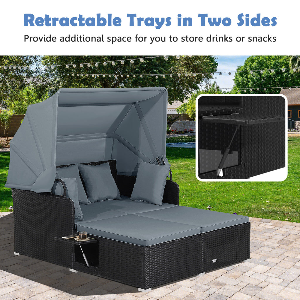 Patio Rattan Daybed with Retractable Canopy and Side Tables-Gray