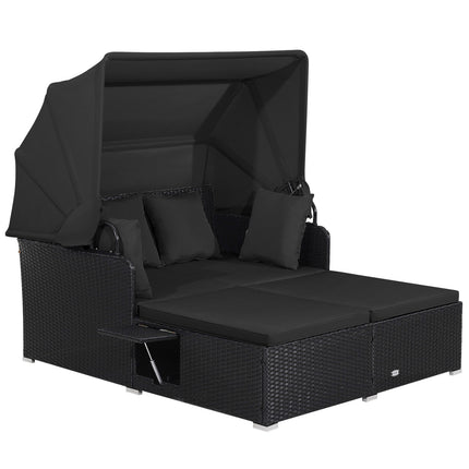 Patio Rattan Daybed with Retractable Canopy and Side Tables-Black