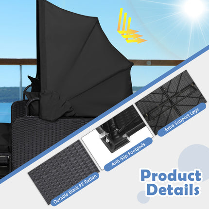 Patio Rattan Daybed with Retractable Canopy and Side Tables-Black
