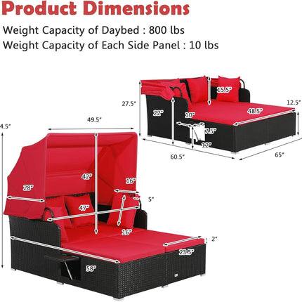 Patio Rattan Daybed with Retractable Canopy and Side Tables-Red