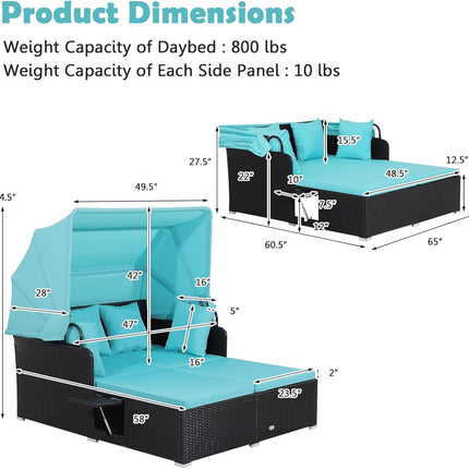 Patio Rattan Daybed with Retractable Canopy and Side Tables-Turquoise