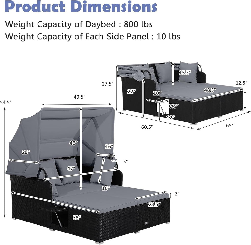 Patio Rattan Daybed with Retractable Canopy and Side Tables-Gray