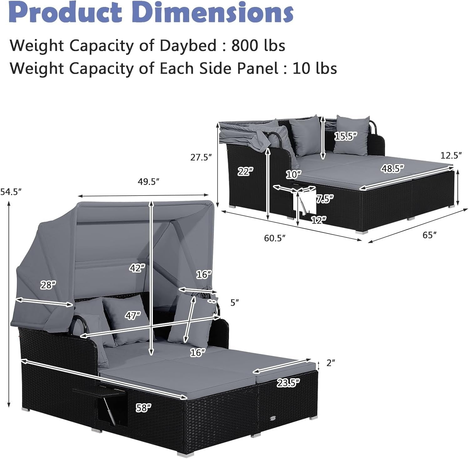 Patio Rattan Daybed with Retractable Canopy and Side Tables-Gray