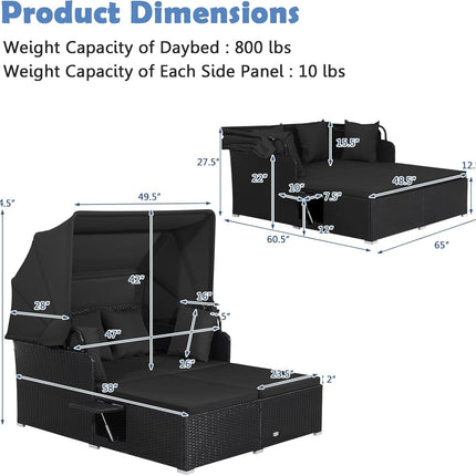 Patio Rattan Daybed with Retractable Canopy and Side Tables-Black