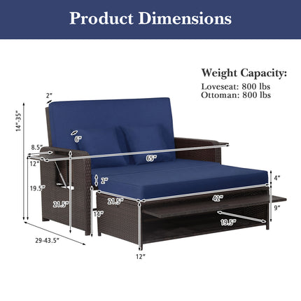 Patio Rattan Daybed with 4-Level Adjustable Backrest and Retractable Side Tray-Navy