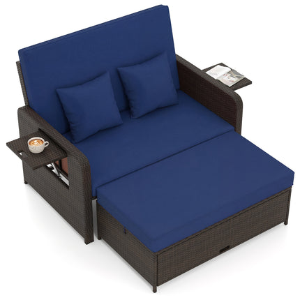 Patio Rattan Daybed with 4-Level Adjustable Backrest and Retractable Side Tray-Navy