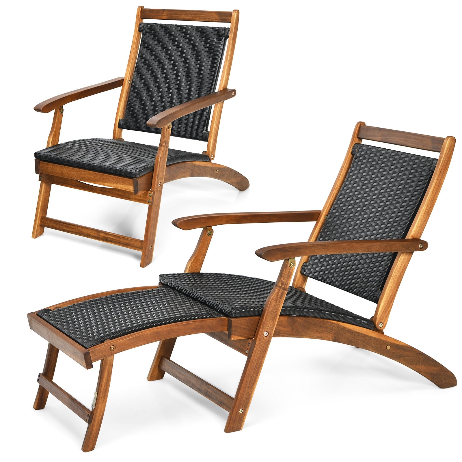 Patio Rattan Folding Lounge Chair with Acacia Wooden Frame Retractable Footrest Set of 2