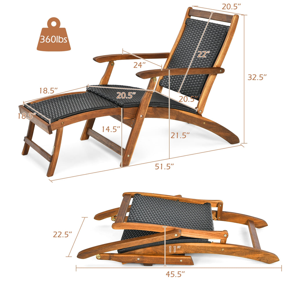 Patio Rattan Folding Lounge Chair with Acacia Wooden Frame Retractable Footrest Set of 2