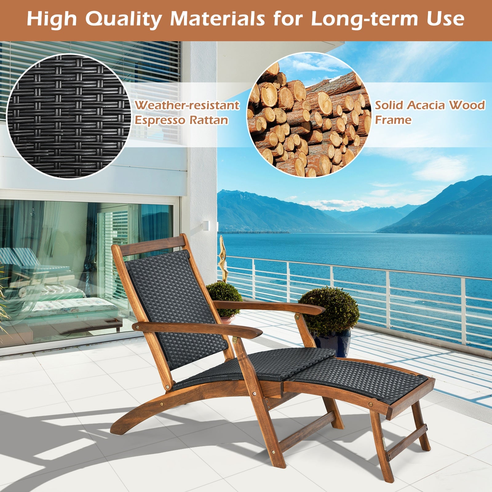 Patio Rattan Folding Lounge Chair with Acacia Wooden Frame Retractable Footrest Set of 2