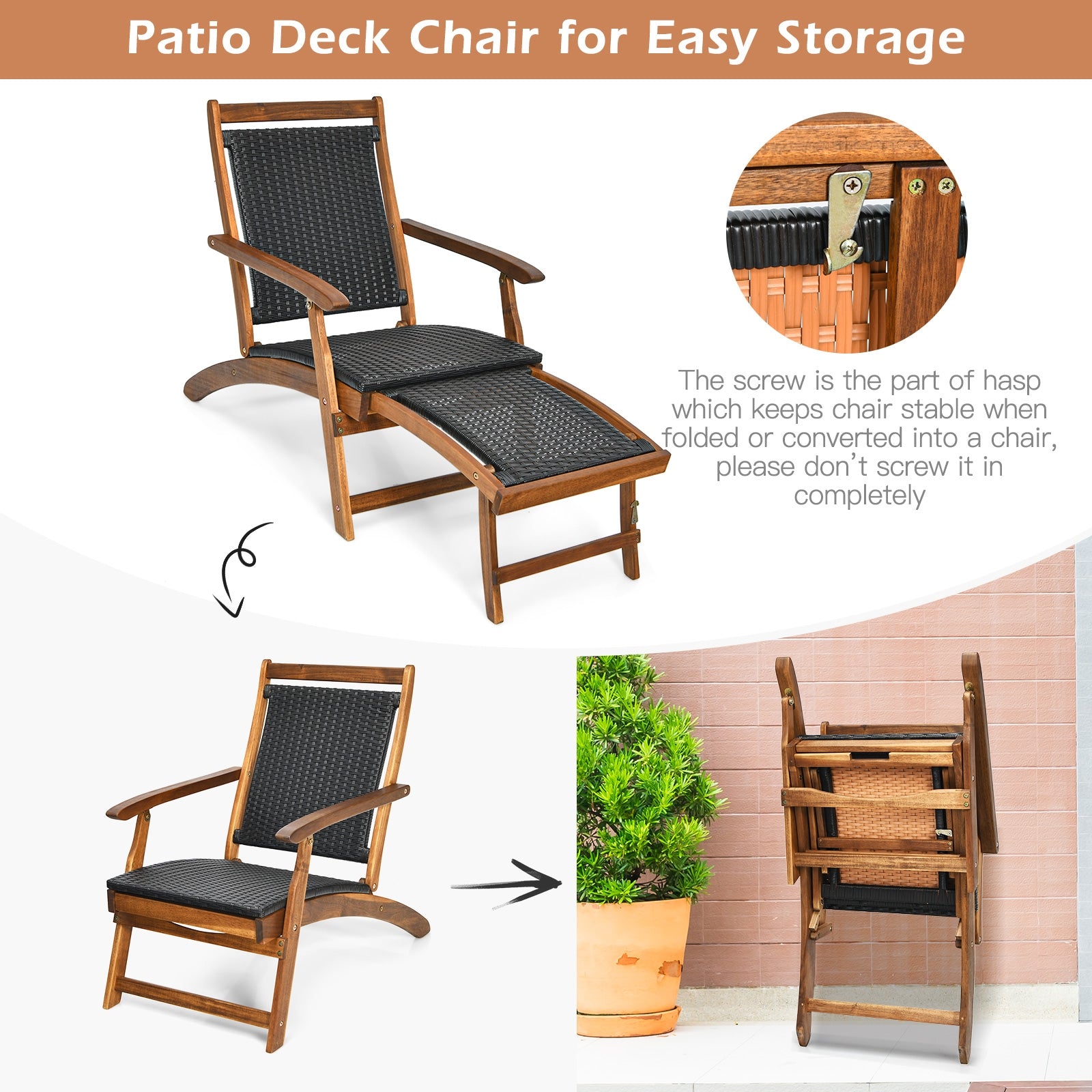 Patio Rattan Folding Lounge Chair with Acacia Wooden Frame Retractable Footrest Set of 2