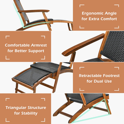 Patio Rattan Folding Lounge Chair with Acacia Wooden Frame Retractable Footrest Set of 2