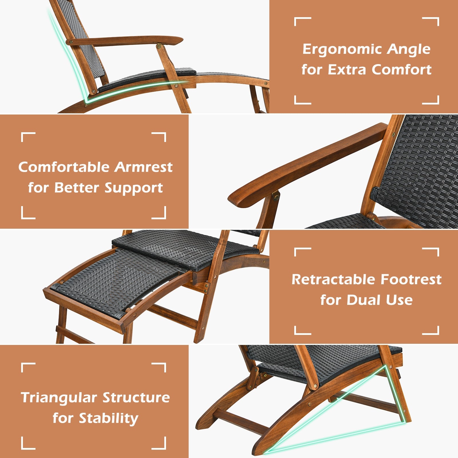 Patio Rattan Folding Lounge Chair with Acacia Wooden Frame Retractable Footrest Set of 2